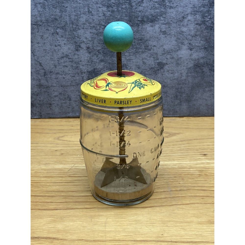 Vintage 1940's Glass Food Chopper Measuring Cup Yellow Metal Lid retro blue gree